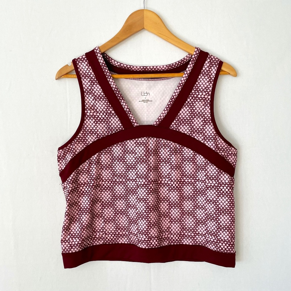 LBH Women's Size Large Performance Fabric Burgundy Pink Circles Tank Top V-neck
